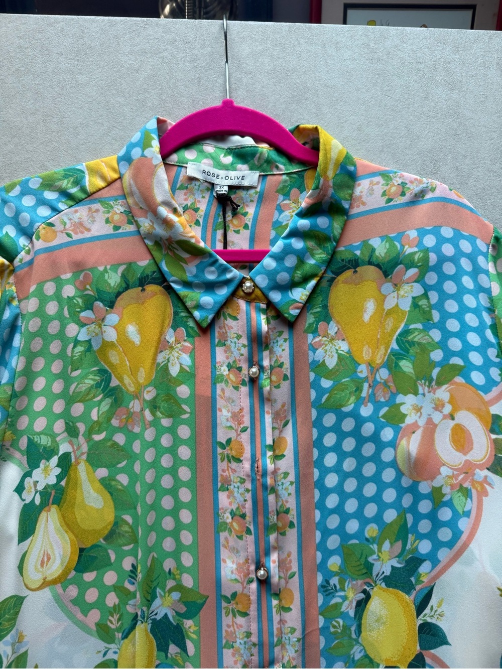 Rose & Olive Yellow Green Blue Fruit-Print Button Down Shirt - Picture 8 of 16